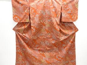 未使用品　和楽器に花鳥模様手織り紬単衣着物